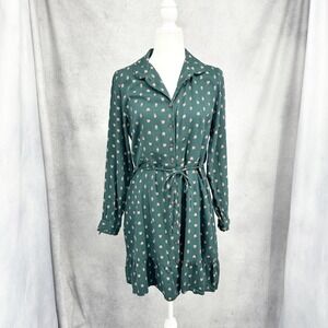 FatFace Bottle Green Floral Button Down Indie Shirt Dress Women's US Size 8